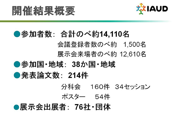 開催結果概要　参加者数：合計のべ約14,110名　会議登録者数のべ約1,500名　　展示会来場者数のべ約12,610名　参加国・地域：38カ国・地域　発表論文数：214件　分科会160件34セッション　ポスター54件　展示会出者：76社・団体