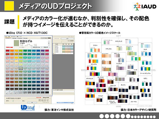 課題：メディアのカラー化が進むなか、判別性を確保し、その配色が持つイメージを伝えることができるのか。