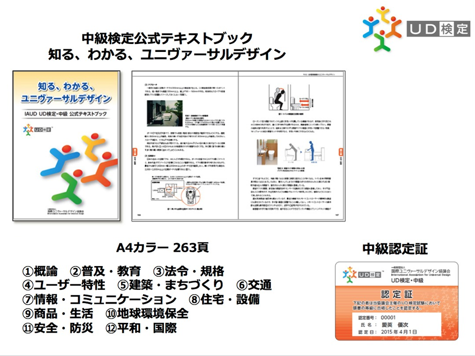 図：中級検定について　中級検定公式テキストブック「知る、わかる、ユニヴァーサルデザイン」と認定証