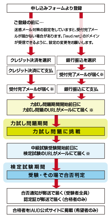 申し込みフォームより登録を行います。銀行振込かクレジット決済を選択してお支払いください。力試し問題期間開始前日に力試し問題のURLがメールにて届きます。期間内に力試し問題に挑戦。受験開始前日に検定試験のURLがメールにて届きますので、検定試験期間内に受験ください。その場で合否判定されます。その後、合否通知が郵送で届きます。合格者には、認定証が郵送で届きます。合格者をIAUD公式サイトに掲載します（希望者のみ）