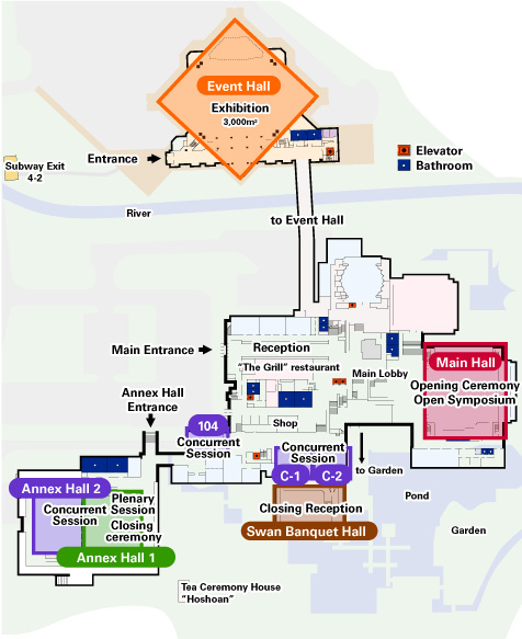 The opening ceremony and the open symposium will be held
in the Main Hall on the 22nd. Reception on the 25th will be held in Swan Banquet Hall. Plenary sessions and concurrent sub-sessions will be held in the Annex
Hall and the three individual halls from the 22nd to the 26th. Exhibitions will be held in the Event Hall from the 22nd to the 25th.